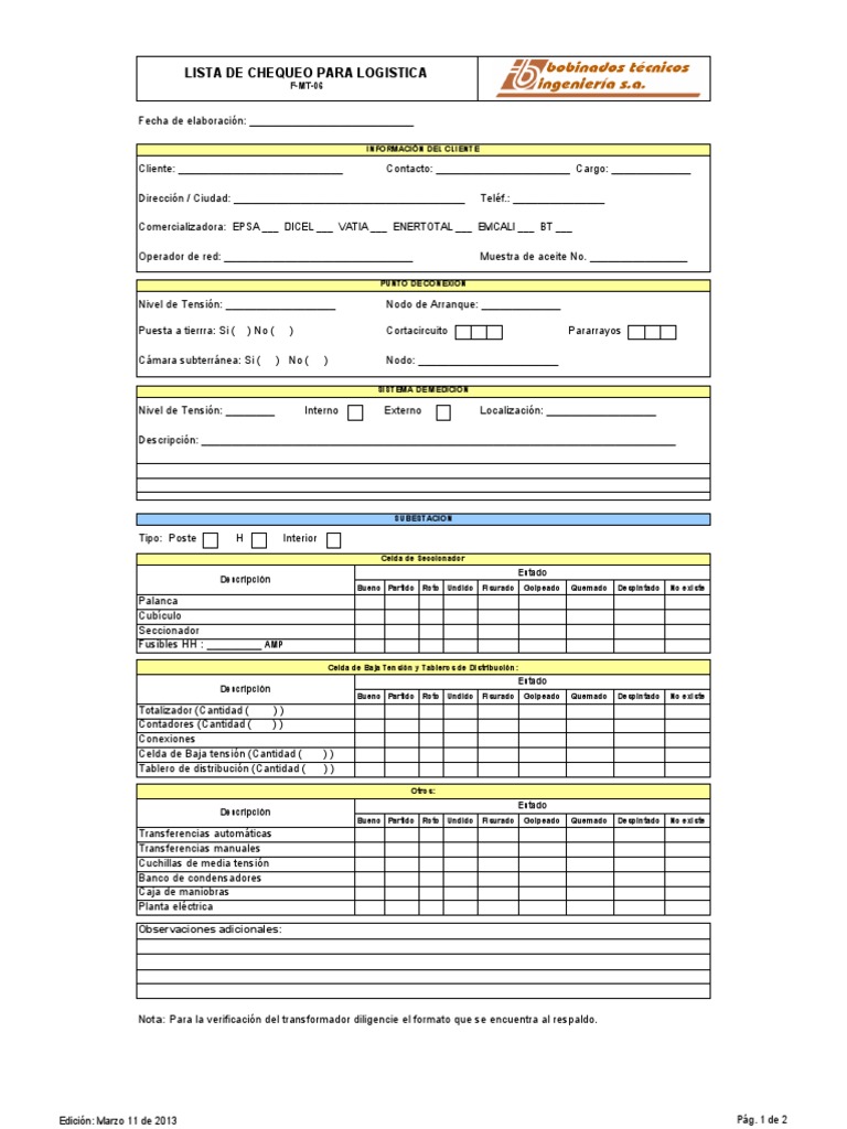 Lista de Chequeo para Transformadores | PDF | Transformador | Electricidad