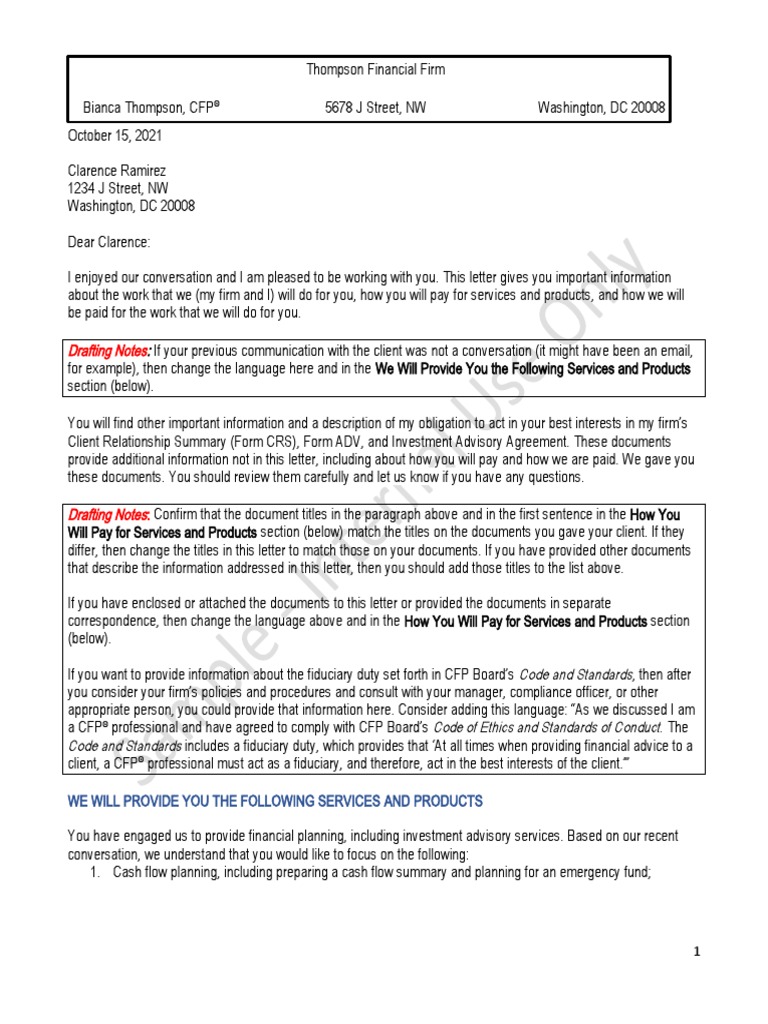 Financial Planning Engagement Letter Sample With Drafting Notes PDF Conflict Of Interest