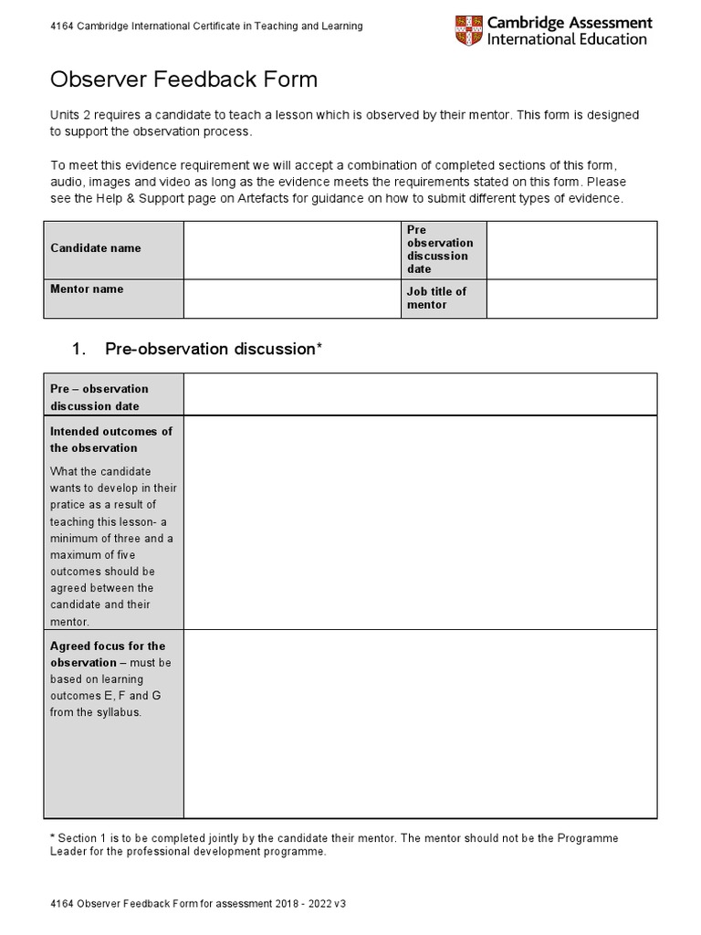 Module 1 Unit 2 Observer Feedback Form v3 | PDF | Mentorship ...