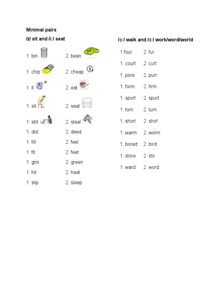 Minimal Pairs /ɪ/ Sit and /i / Seat /ɔ / Walk and /ɜ / Work/word/world ...