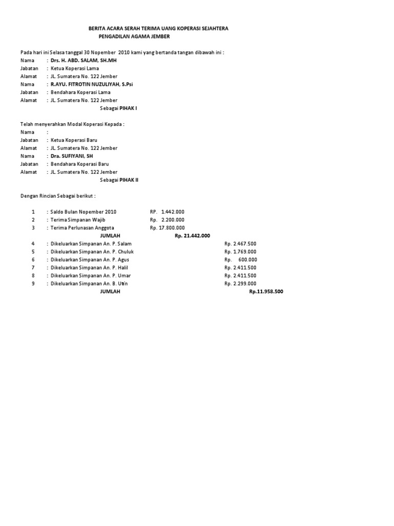 Contoh Surat Berita Acara Serah Terima Uang Kas Info Terkait Uang