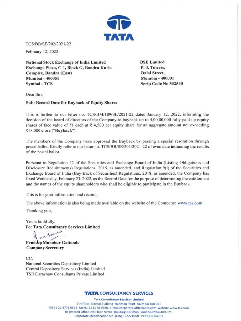 Record Date Announcement for Tata Consultancy Services Limited's