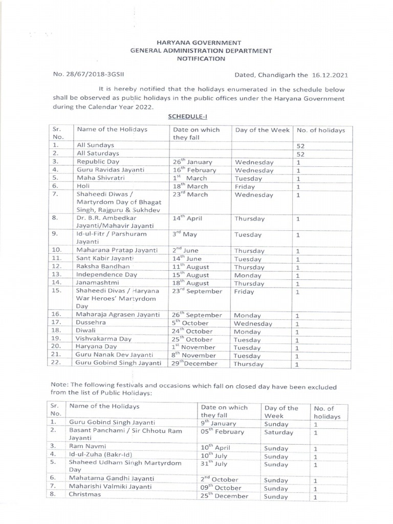 Haryana State List of Holidays 2022 PDF