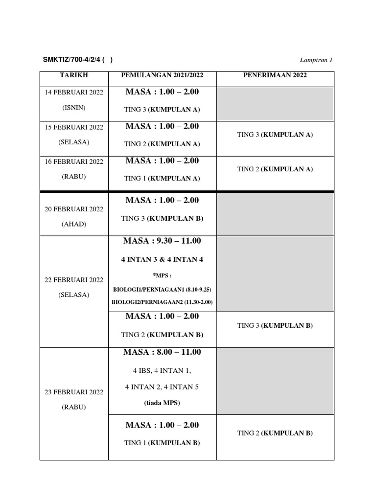 Jadual Pemulangan Buku SPBT 2021 2022 | PDF
