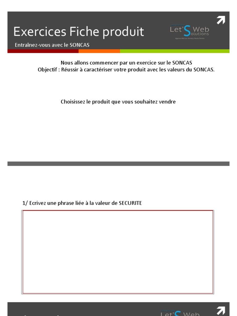 Exercices de Fiche Produit SONCAS | PDF | Arts du langage et discipline ...