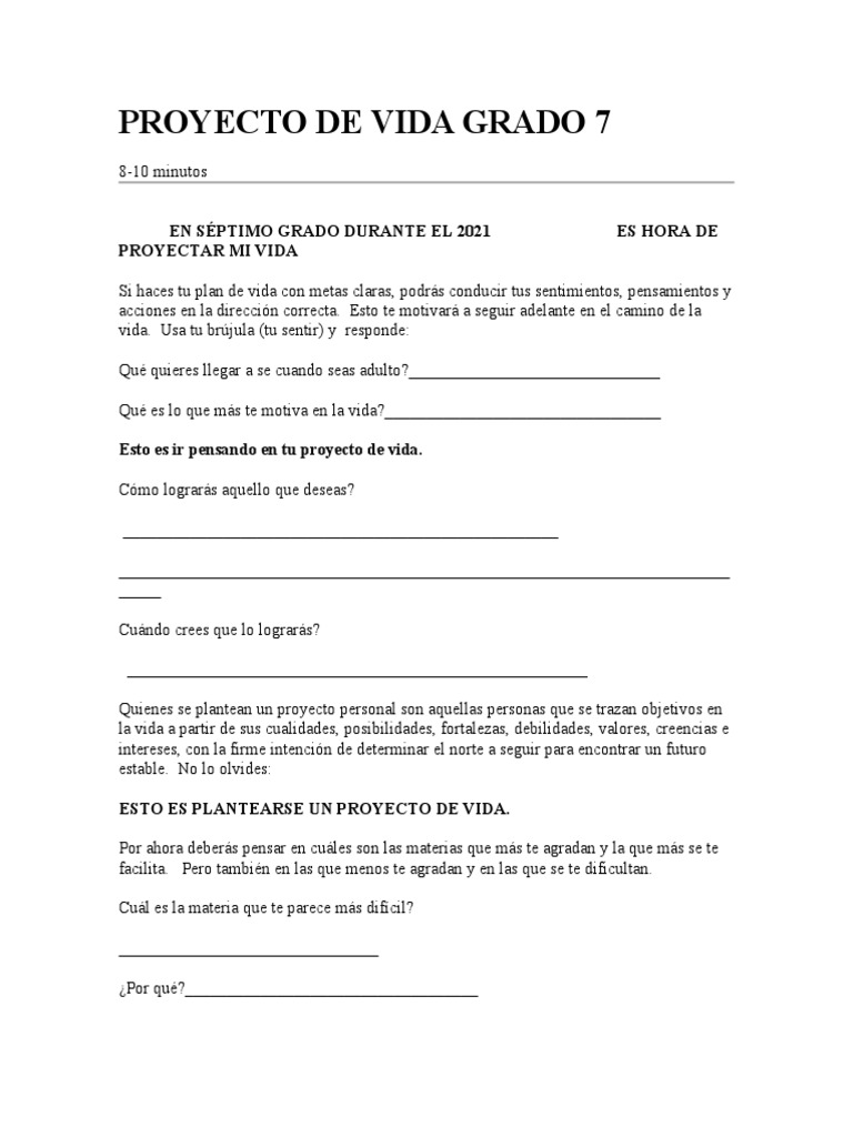 Proyecto de Vida para Séptimo Grado | PDF | Relaciones personales ...