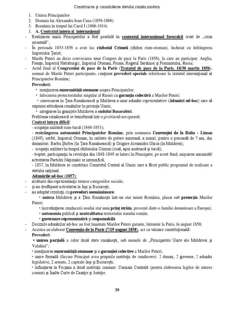 Constituirea Si Consolidarea Statului Roman Modern PDF | PDF