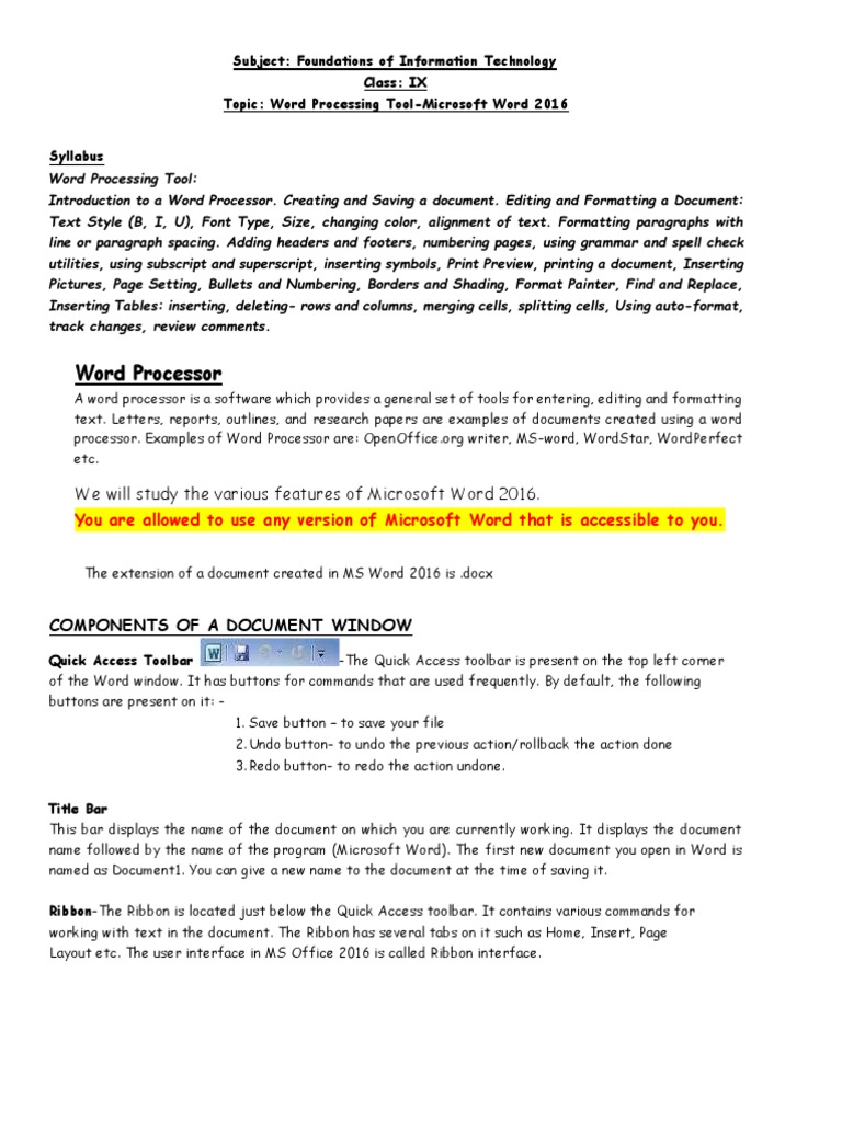 Word Processor: We Will Study The Various Features of Microsoft Word