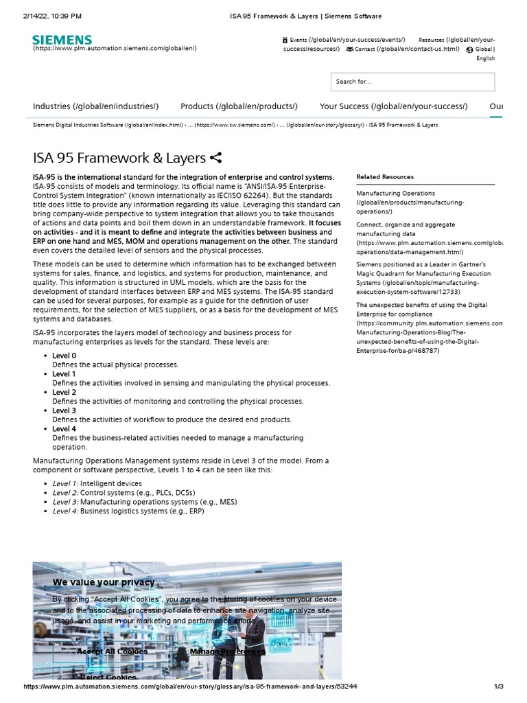ISA 95 Framework & Layers PDF Operations Management Http Cookie