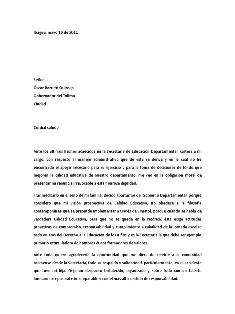 Carta De Renuncia Laboral Voluntaria Y Agradecimiento 