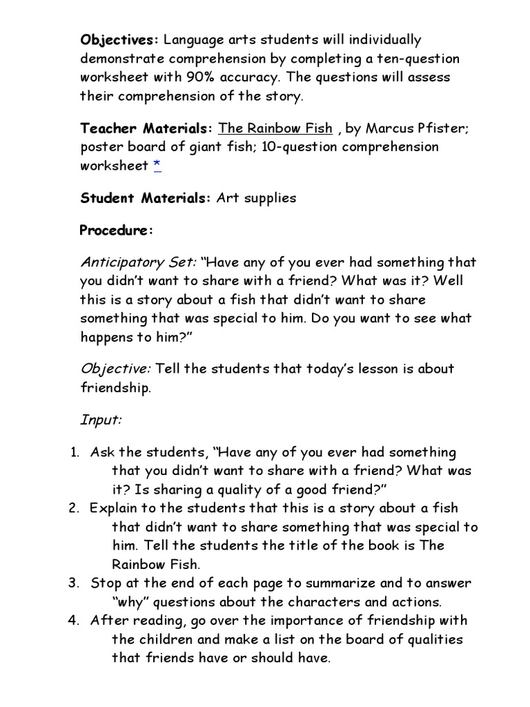 Rainbow Fish Comprehension Lesson Plan | PDF | Reading Comprehension ...
