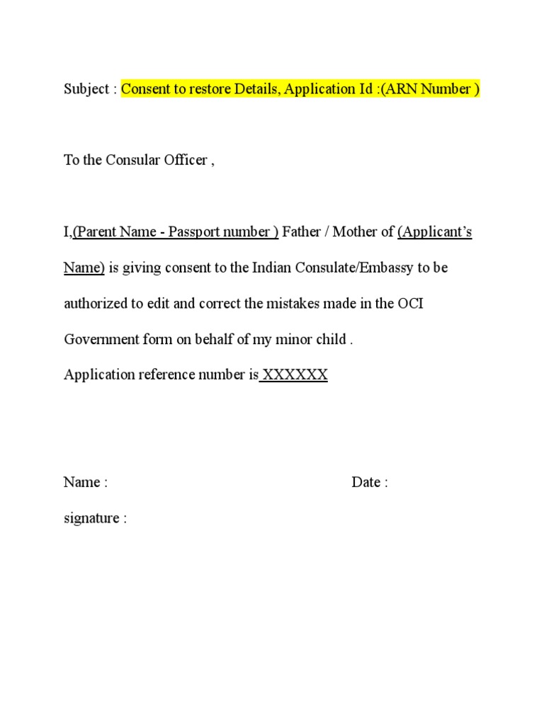 Minor OCI Consent Letter Template | PDF