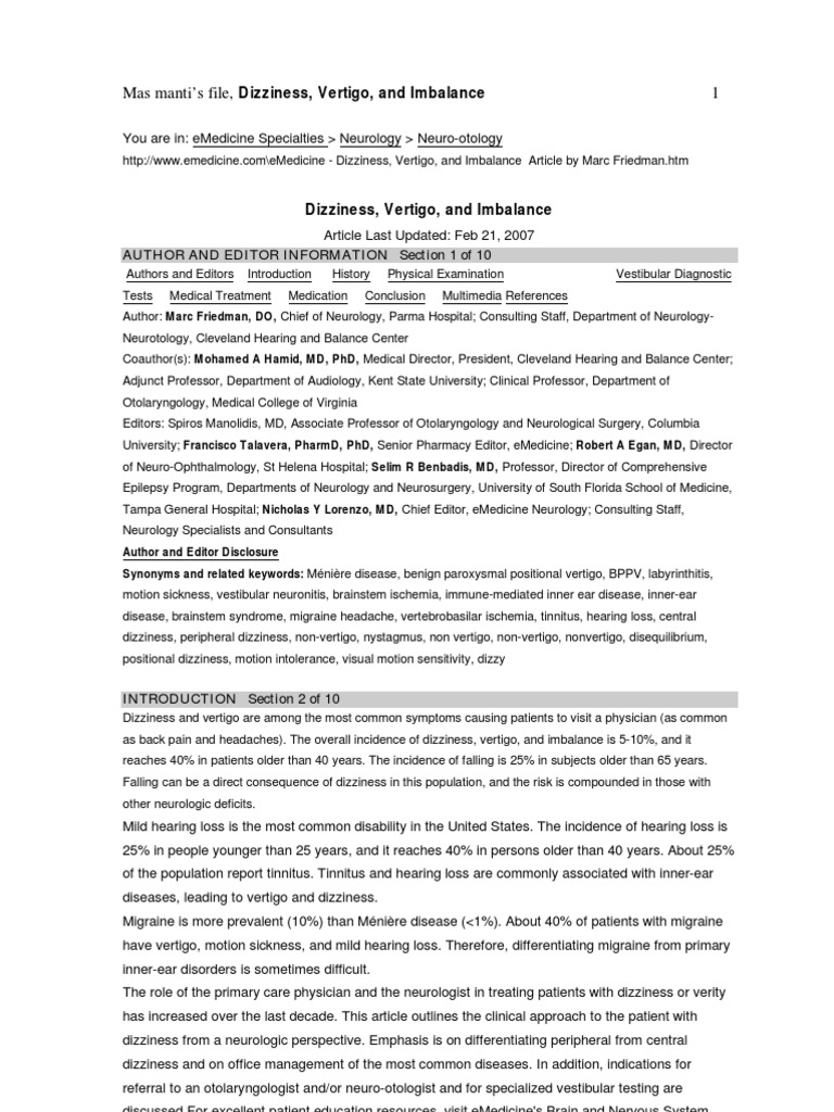 Dizziness, Vertigo, and Imbalance | PDF | Vertigo | Ménière's Disease