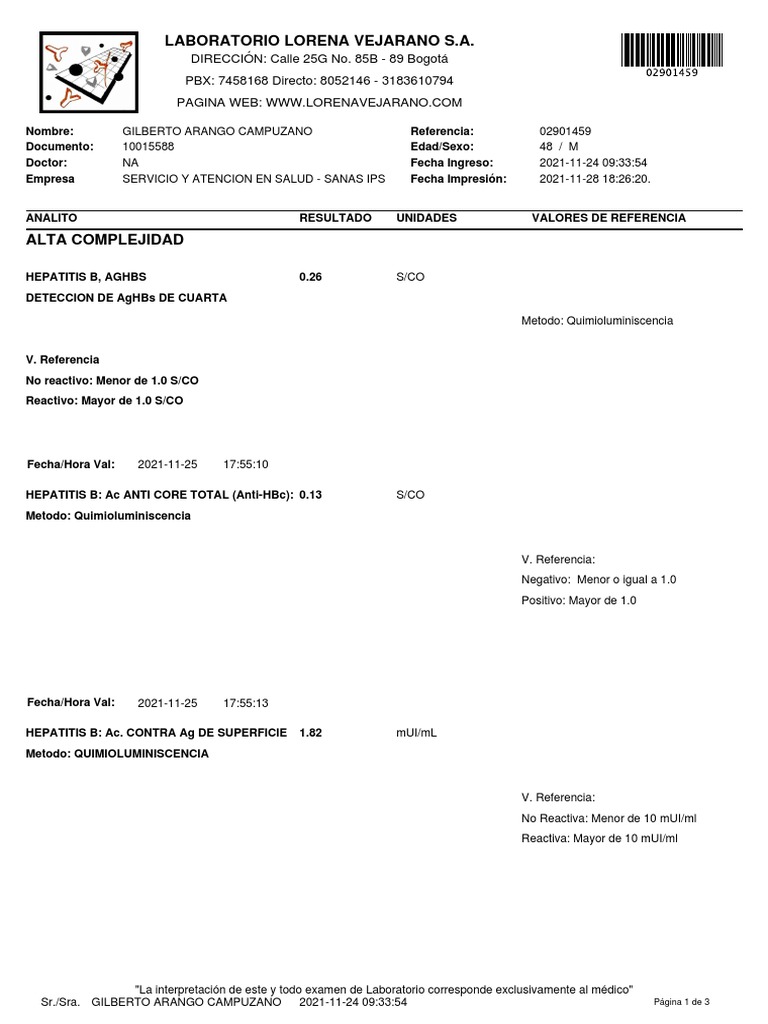 Laboratorio Lorena Vejarano S.A. DIRECCIÓN Calle 25G No. 85B 89
