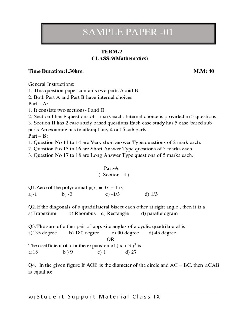 Class 9 Maths Term 2 Sample Paper | PDF | Elementary Geometry ...