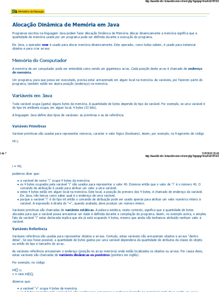 Alocação Dinâmica de Memória em Java | PDF | Tipo de dados | Estrutura ...