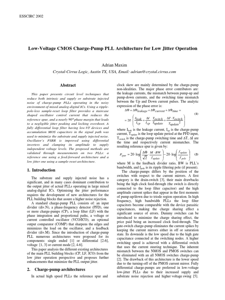 Low-Voltage CMOS Charge-Pump PLL Architecture For Low Jitter Operation ...