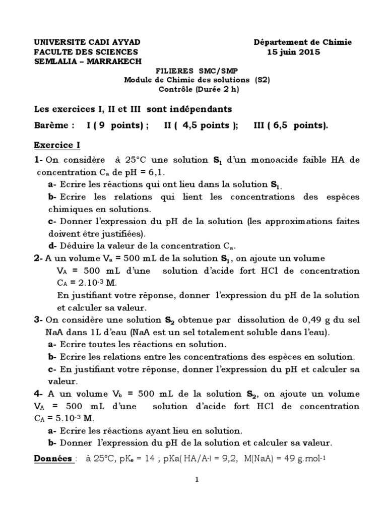 Contrôle de Chimie des Solutions S2 | PDF | Ph | Acide chlorhydrique