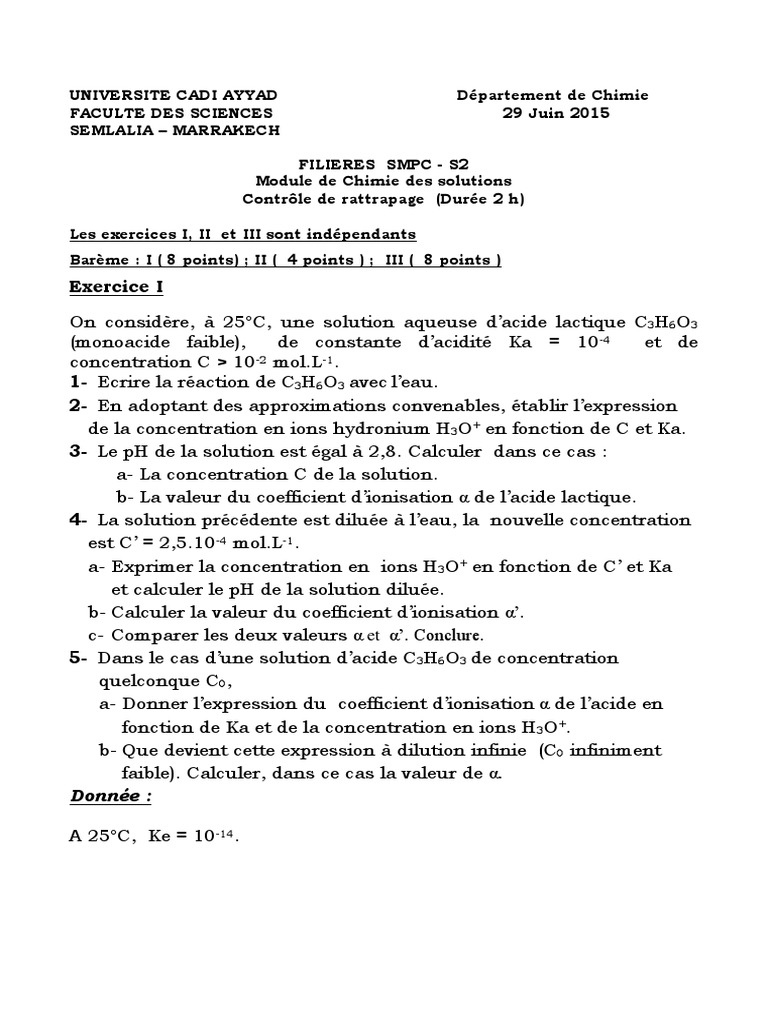 Examen de Chimie des Solutions S2 | PDF | Ph | Matériaux