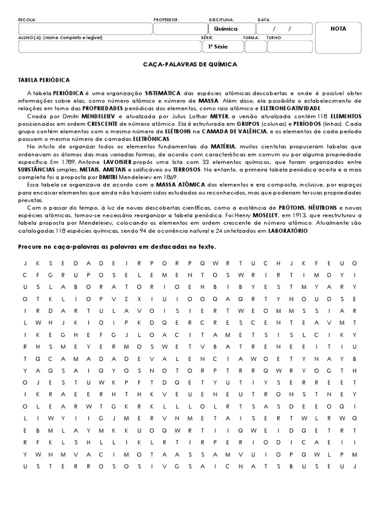 Caça-Palavras - TABELA PERIÓDICA | PDF | Tabela periódica | Elementos ...