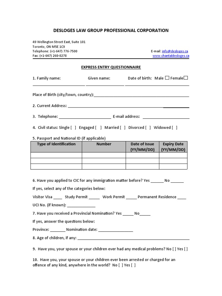Express Entry Questionnaire DLG 2020 PDF