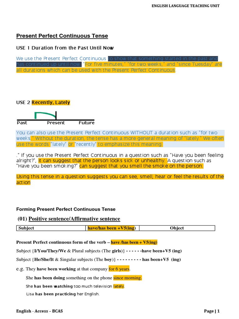 Present Perfect Continuous Guide | PDF | English Language | Subject ...