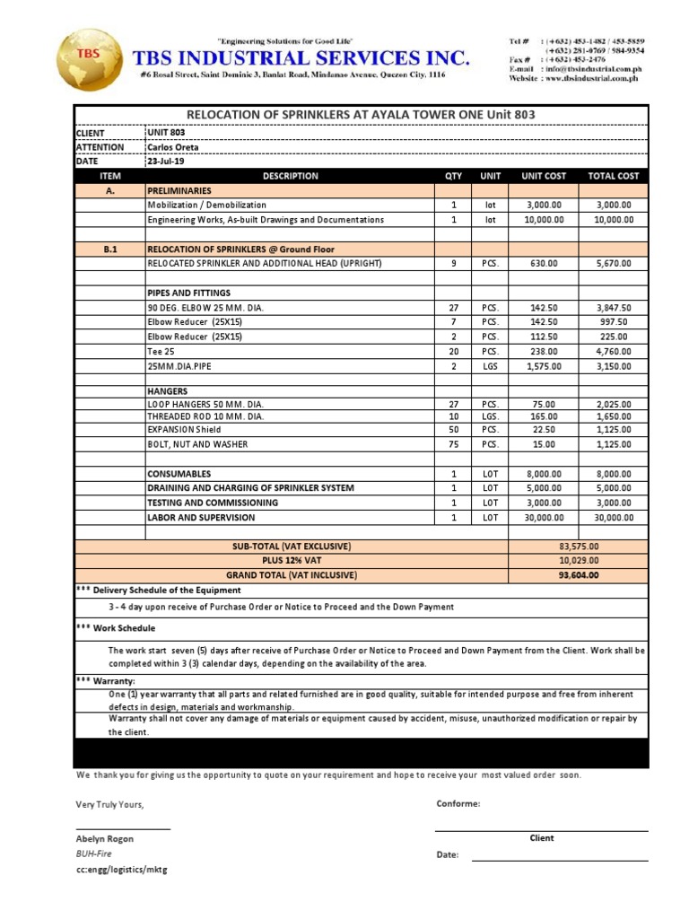 Relocation of Sprinklers at Ayala Tower One Unit 803: Proposed Costing ...
