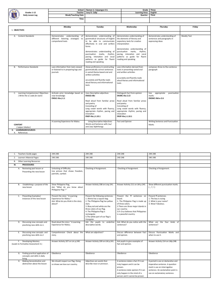 Grade 3 English Daily Lesson Plan | PDF | Fluency | English Language