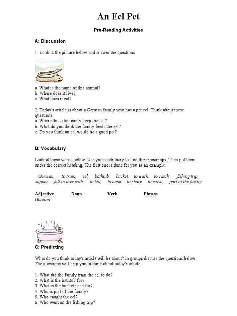 An Eel Pet PreReading Activities A Discussion PDF Adjective Noun