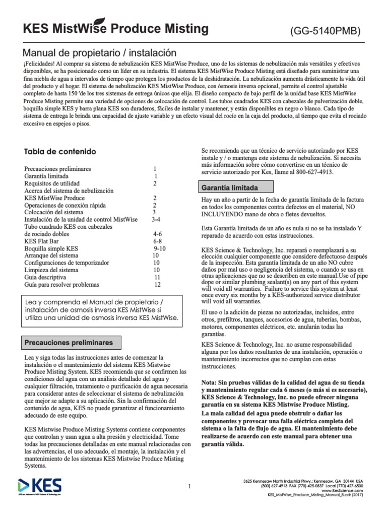 Manual KES MistWise Produce Misting | PDF | Agua | Tubería (transporte ...