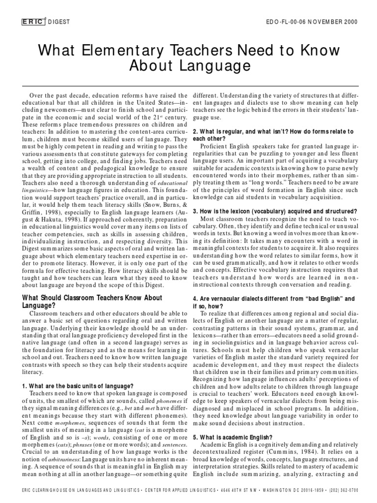 What Elementary Teachers Need To Know About Language Lily Wong Fillmore