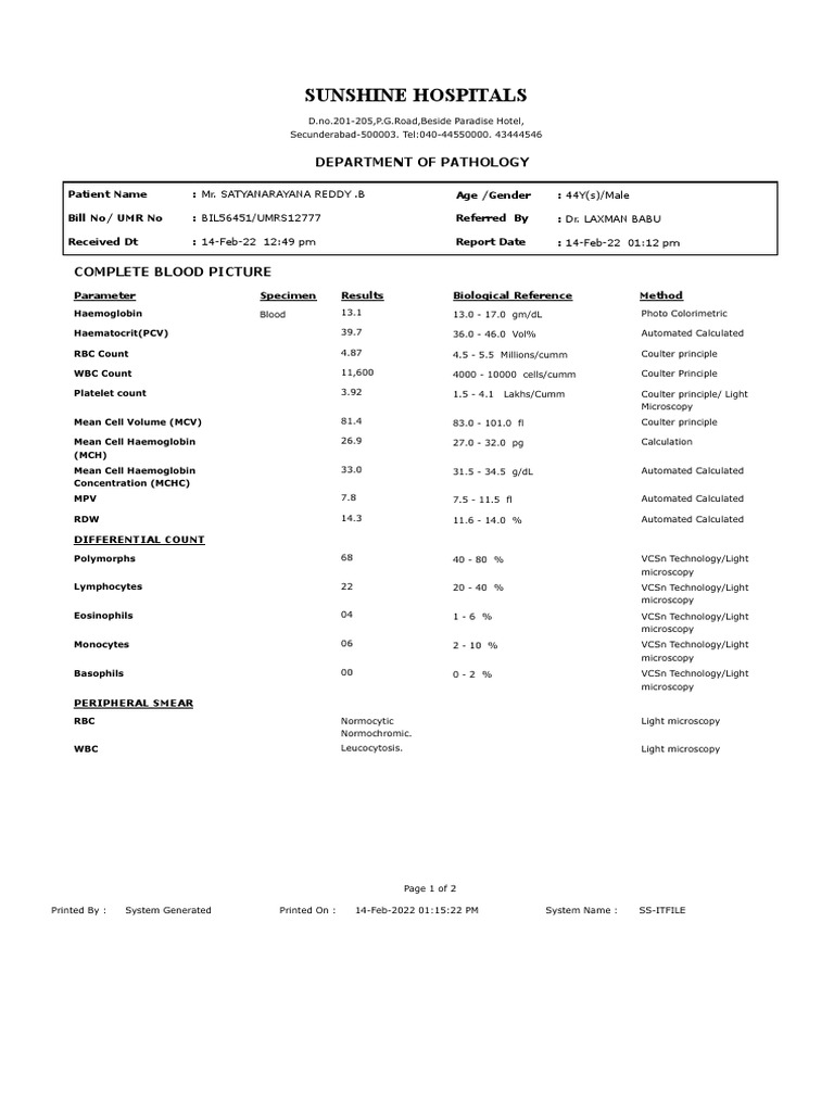 Blood Test Results for Patient | PDF | Pathology | Medicine