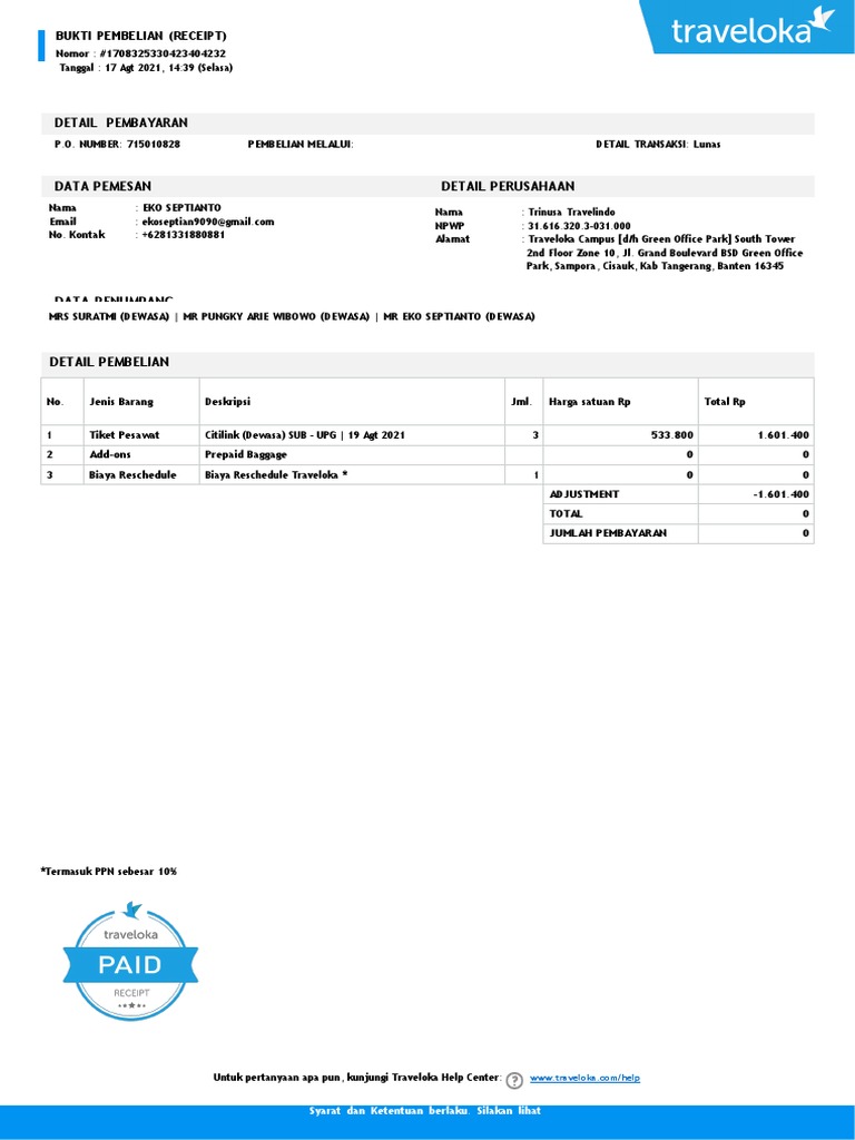 Bukti Pembelian Tiket Pesawat Traveloka | PDF