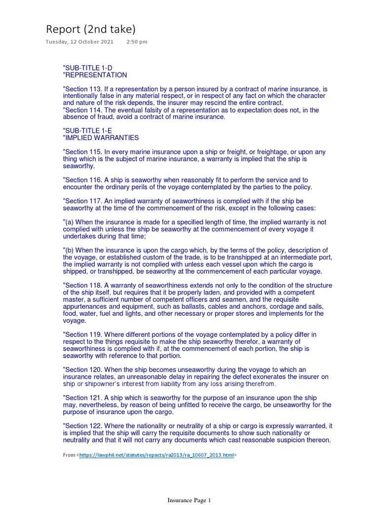 INSURANCE CODAL Implied Warranties in Marine Insurance PDF Freight