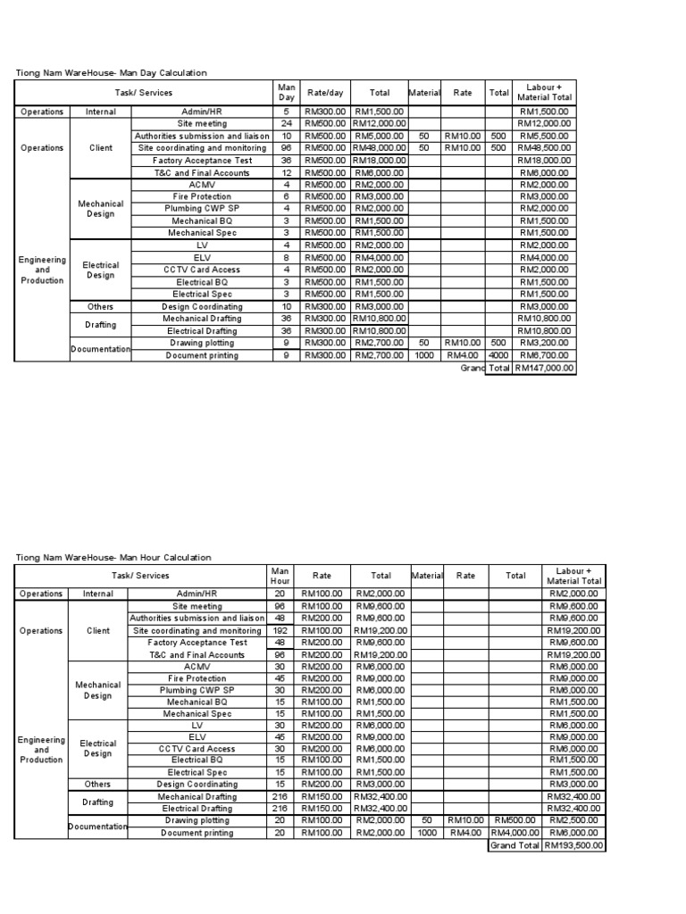 Projected Consulting Cost For Tiong Nam Man Hour and Man Day PDF