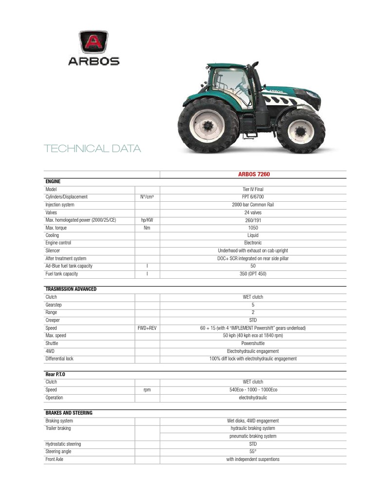 ARBOS 7260 Tractor Technical Specifications | PDF | Truck | Four Wheel ...