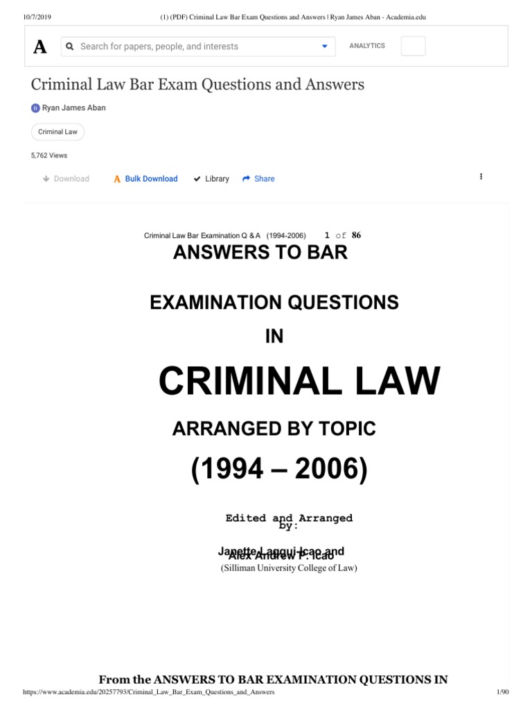 (PDF) Criminal Law Bar Exam Questions and Answers Ryan James Aban