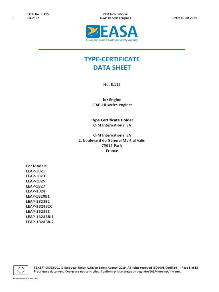 EASA E115 TCDS Issue 7 LEAP-1B | PDF | Rotating Machines | Engines