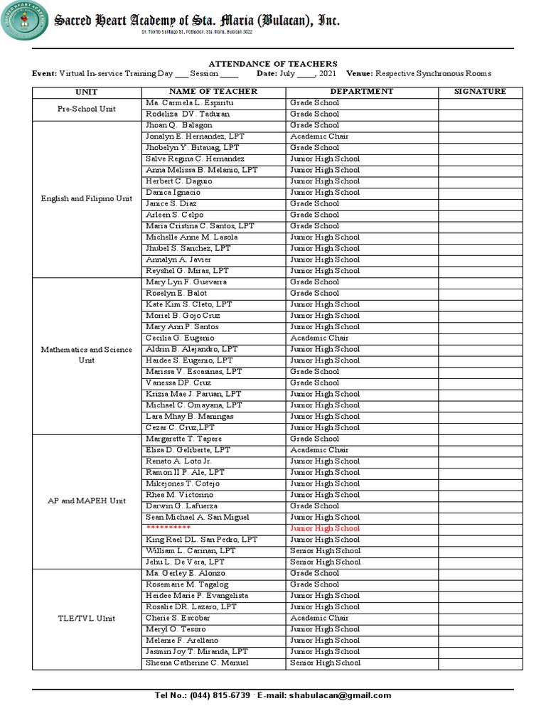 Teacher Attendance Masterlist 2021 | PDF | Adolescence | Students