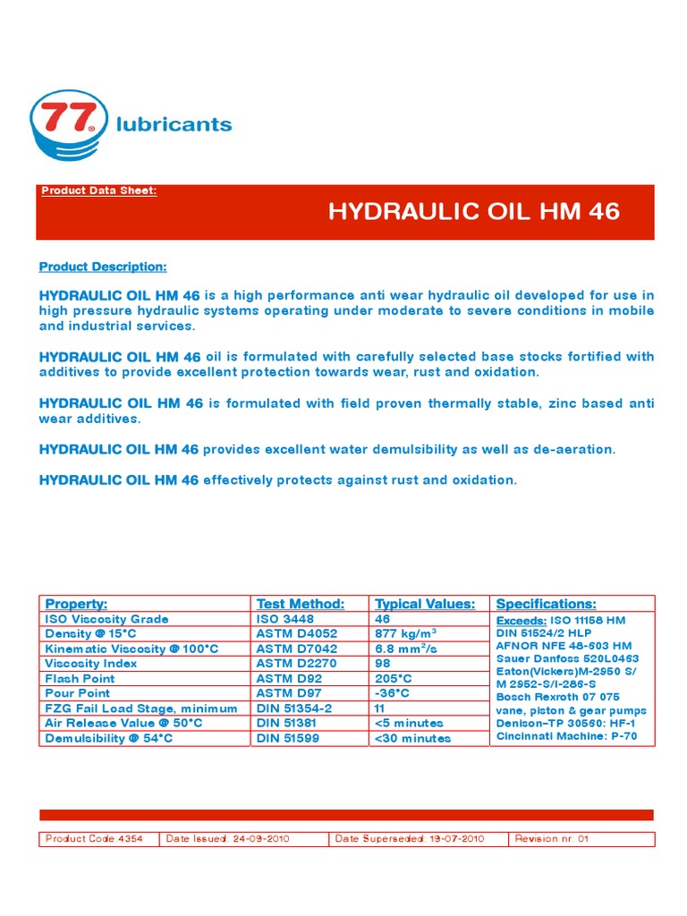 Hydraulic Oil HM 46: Product Data Sheet | PDF
