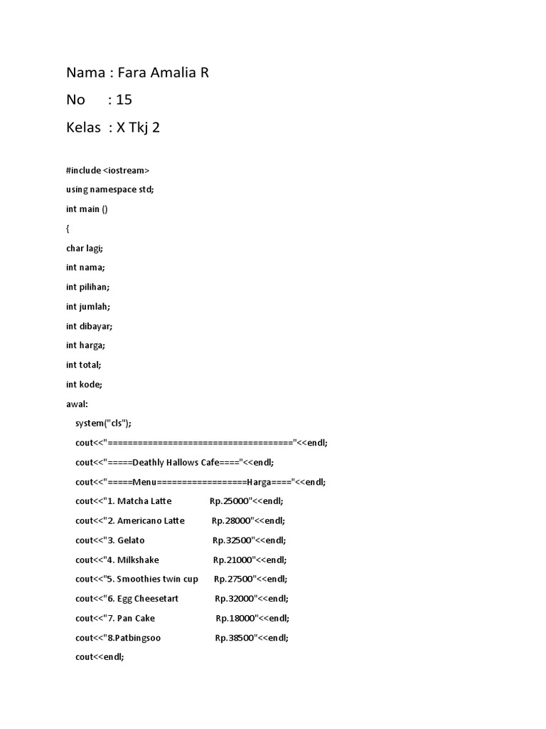Program Kasir Cafe Sederhana C++ | PDF | Memasak, Makanan, & Anggur ...