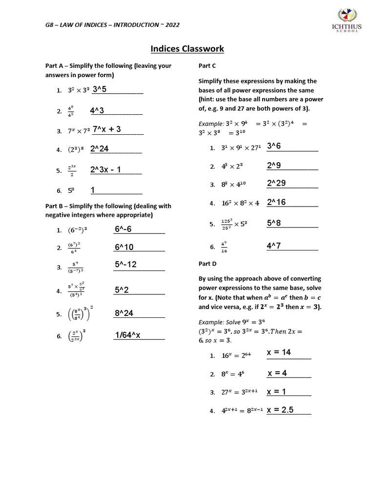Law of Indices Simplification Solving Problems Involving Positive