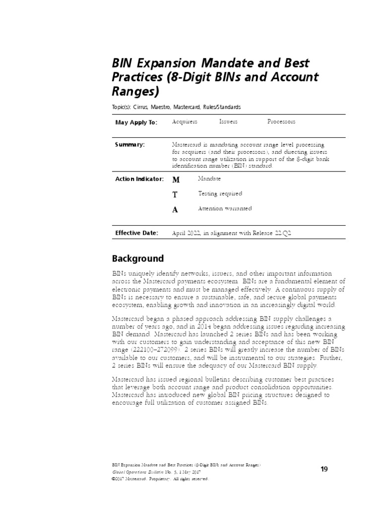 GL Ops 1705019 BIN Expansion Mandate and Best Practices 8 Digit BINs