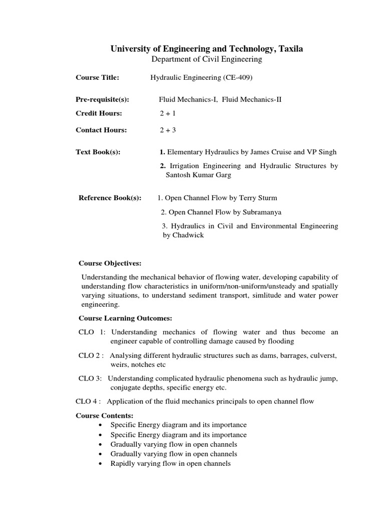 Hydraulics Engineering (CE409) PDF Hydraulics Hydraulic Engineering