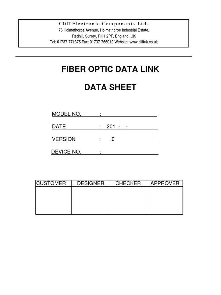 Fiber Optic Data Link Data Sheet Cliff Electronic Components LTD PDF