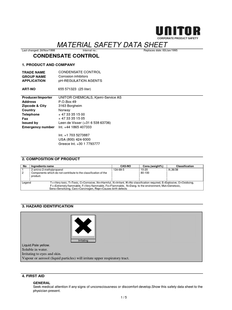 Material Safety Data Sheet: Condensate Control | PDF | Water | Personal ...