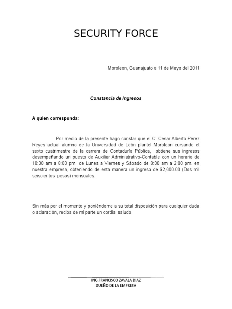 Ejemplo Constancia de Ingresos | PDF | Business