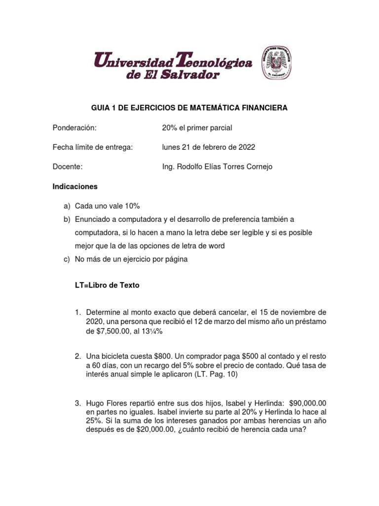 Guía 1 de Ejercicios Matemática Financiera | PDF | Finanzas Matemáticas