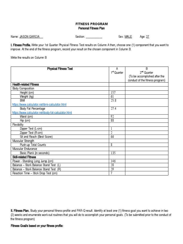 Personal Fitness Plan for Jason Garcia | PDF | Physical Fitness ...