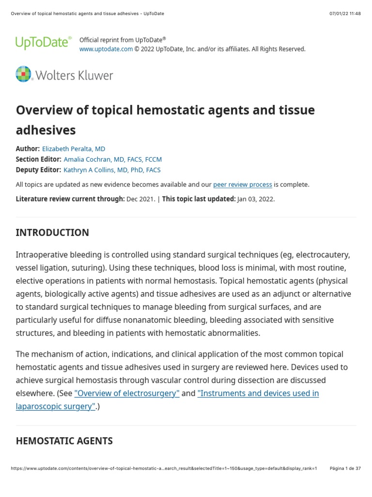 Overview of Topical Hemostatic Agents and Tissue Adhesives UpToDate